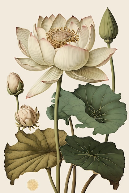 Fleurs De Lotus Blanc Isolé Nénuphar Lac Tropical Plante Dessin Imitation Abstraite Générative AI Illustration