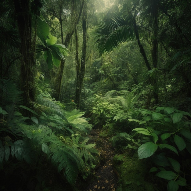 Une forêt avec un chemin sur lequel se trouve une plante feuillue.