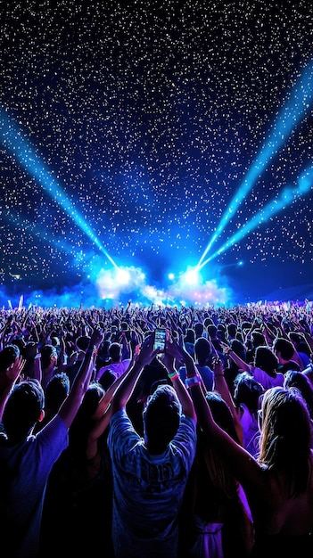 Photo une foule animée jouant d'un concert exaltant sous une pluie de lumières colorées