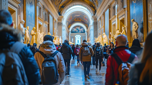 Photo une foule de gens se promenant dans une salle avec un grand plafond peint avec une peinture murale d'un bâtiment avec un gros plafond