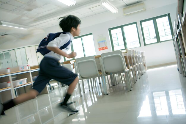 Photo un garçon qui court dans une salle de classe avec un sac à dos sur son dos