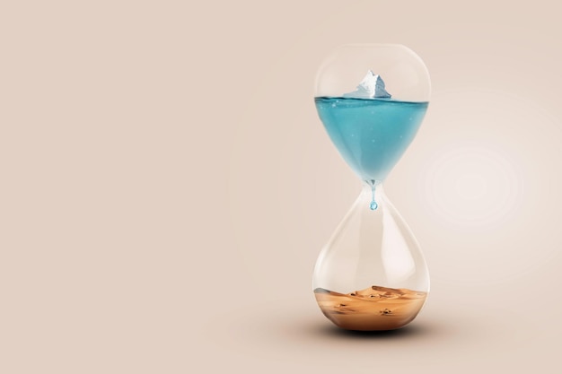 Glacier Iceberg fondant dans une horloge en verre avec une goutte et un désert Réchauffement climatique Concept d'assèchement des rivières et des lacs Sauvez la planète Disparition de l'eau Temps et fin de vie créatifs