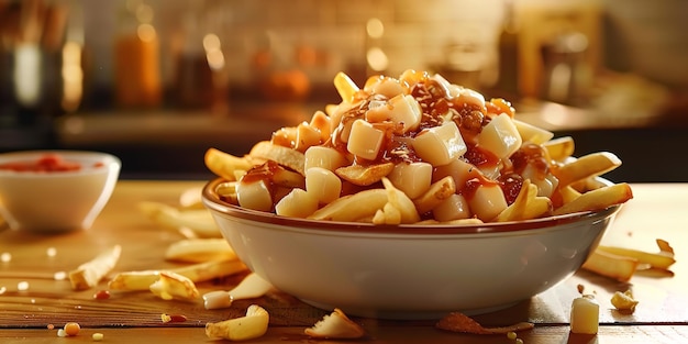 Photo un grand bol de poutine à l'eau à la bouche positionné sur une table en bois contre un décor de cuisine classique confortable ia générative