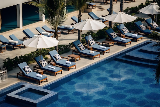 La grande piscine de l'hôtel est entourée de fauteuils et de parapluies.