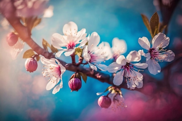 Un gros plan d'une branche de fleurs de cerisier à fleurs roses