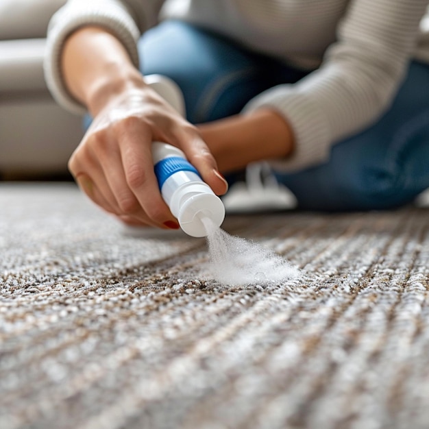 Photo un gros plan d'une personne utilisant un éliminateur de taches sur un tapis