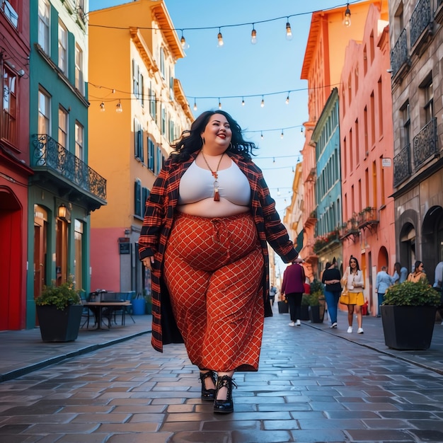 Photo une grosse femme élégante dans une tenue à la mode