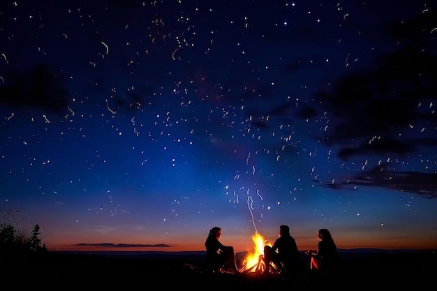 Un groupe d'amis jouissant d'un feu de camp sous le ciel étoilé de la nuit dans les montagnes