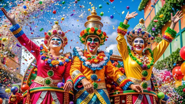 Photo un groupe de clowns avec des visages et des visages sur un flotteur avec un ciel bleu derrière eux