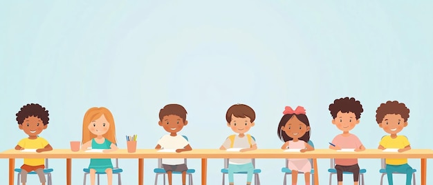 Photo un groupe divers d'enfants assis à un bureau dans une salle de classe illustration un groupe diversifié d'enfants asseyés à un bureau en classe illustration