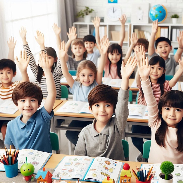 Photo un groupe d'enfants avec les bras levés dans une salle de classe