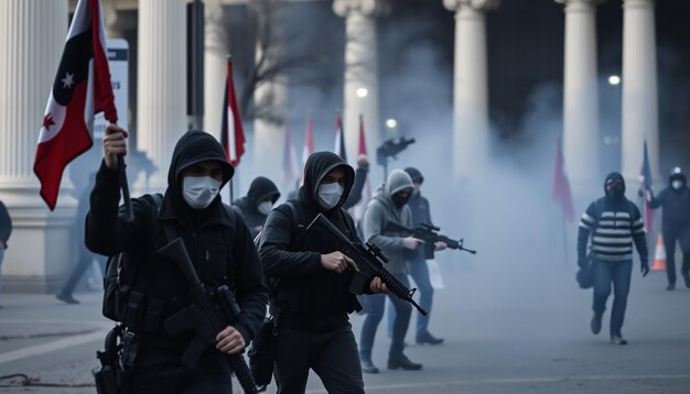 Photo un groupe d'hommes portant des masques et des masques se tiennent devant un bâtiment avec le mot non dessus