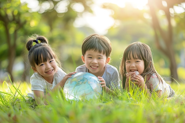 Photo un groupe de jeunes enfants asiatiques dans un parc tenant un globe terrestre avec une belle journée ensoleillée et une toile de fond floue pour le texte ou le produit ai générative