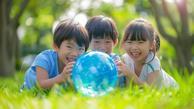 Photo un groupe de jeunes enfants asiatiques dans un parc tenant un globe terrestre avec une belle journée ensoleillée et une toile de fond floue pour le texte ou le produit ai générative