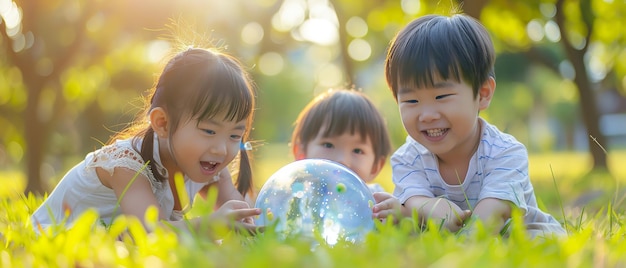 Photo un groupe de jeunes enfants asiatiques dans un parc tenant un globe terrestre avec une belle journée ensoleillée et une toile de fond floue pour le texte ou le produit ai générative