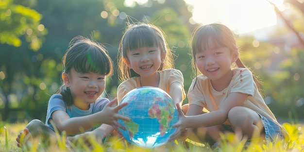 Photo un groupe de jeunes enfants asiatiques dans un parc tenant un globe terrestre avec une belle journée ensoleillée et une toile de fond floue pour le texte ou le produit ai générative