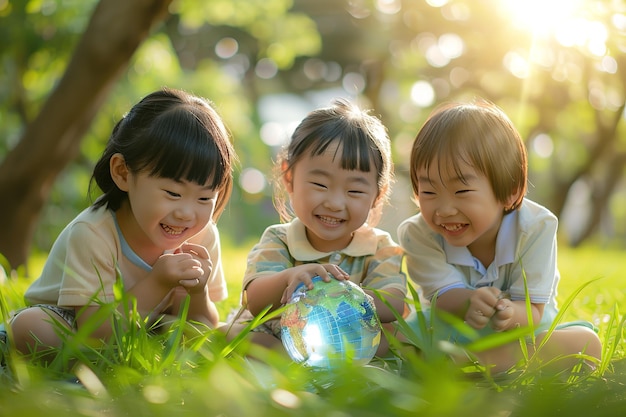 Photo un groupe de jeunes enfants asiatiques dans un parc tenant un globe terrestre avec une belle journée ensoleillée et une toile de fond floue pour le texte ou le produit ai générative