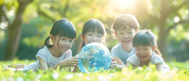 Photo un groupe de jeunes enfants asiatiques dans un parc tenant un globe terrestre avec une belle journée ensoleillée et une toile de fond floue pour le texte ou le produit ai générative