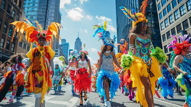 Photo un groupe de personnes en costumes colorés marchent dans une rue