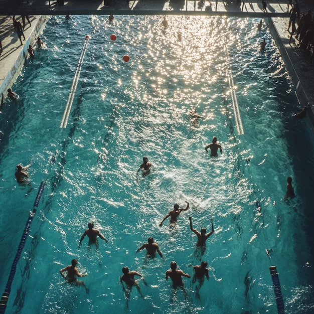 Photo un groupe de personnes nage dans une piscine avec le mot ext sur le côté