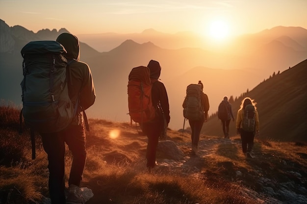 Photo un groupe de randonneurs sportifs est photographié marchant dans un paysage montagneux au coucher du soleil avec leurs sacs à dos generative ai