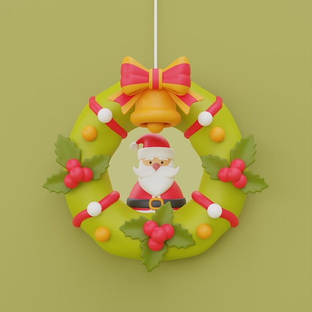 Guirlande de Noël et cloche dorée avec le personnage du père Noël Joyeux Noël et bonne année rendu 3d