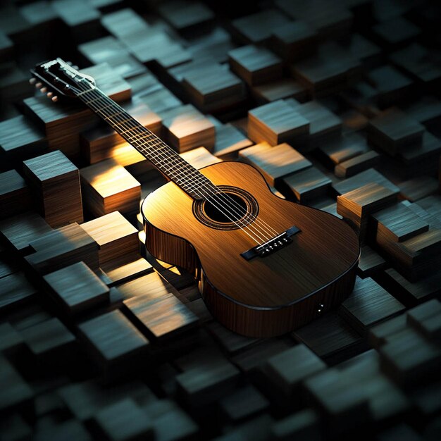 Photo une guitare est assise sur un morceau de bois