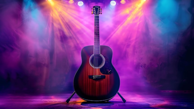 Photo une guitare est assise sur une scène avec un fond violet