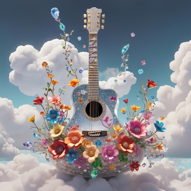 Photo une guitare est entourée de fleurs et de papillons