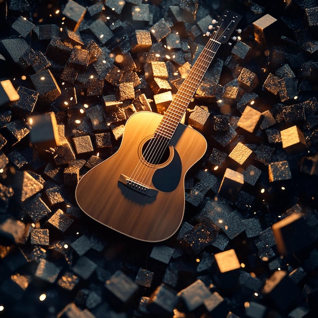 Photo une guitare est posée sur un tas de cubes