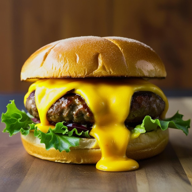 Photo un hamburger succulent et délicieux, un pain parfaitement grillé, brillant avec un brillant fromage fondu.