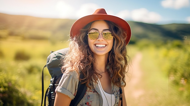 heureuse jeune femme à lunettes de soleil et un sac à dos et un chapeau souriant tout en profitant du temps d'été