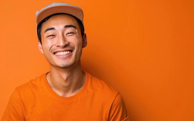 Photo homme asiatique portant une casquette de baseball à l'envers sourire énergique isolé sur fond orange image de portrait jpg