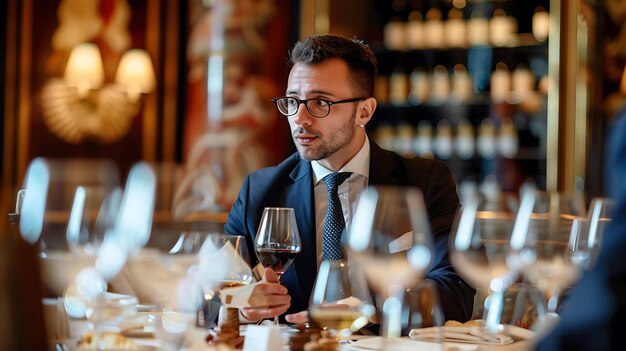 Photo un homme en costume boit un verre de vin