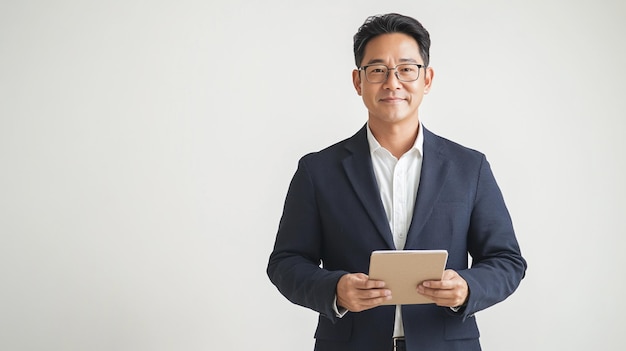 Photo un homme en costume avec une tablette dans les mains