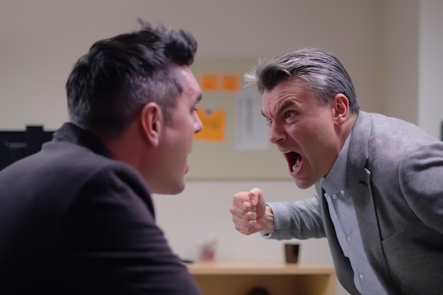 Photo l'homme dans le bureau a l'air en colère, il crie à un employé, l'homme d'affaires en costume est stressé, frustré.