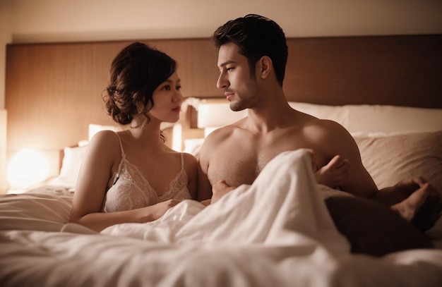 Photo un homme et une femme sont dans un lit avec une couverture sur le lit