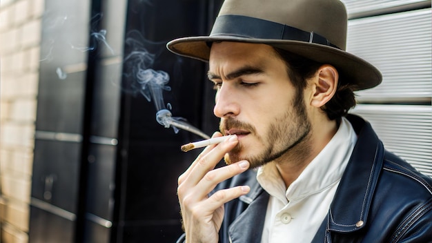 Photo un homme fumant une cigarette avec un chapeau sur la tête