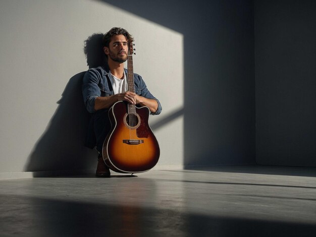 Photo un homme avec une guitare appuyé contre une surface avec un_0