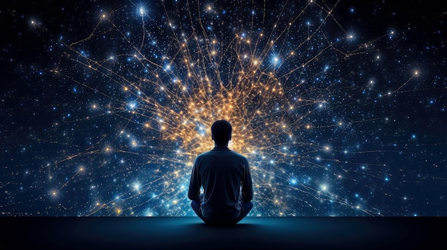 Photo l'homme médite le yoga l'homme psychique considère l'esprit et le cœur la spiritualité l'ésotérisme avec le bokeh les lumières défocalisées univers les ondes psychiques concept illustration d'ia générative