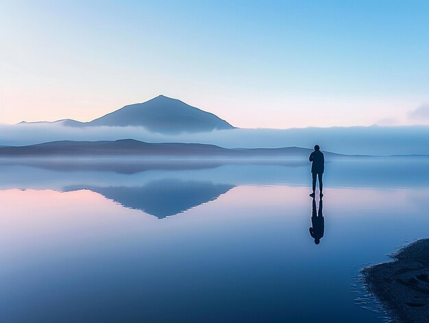 Photo un homme se tient devant une montagne avec le soleil qui se couche derrière lui