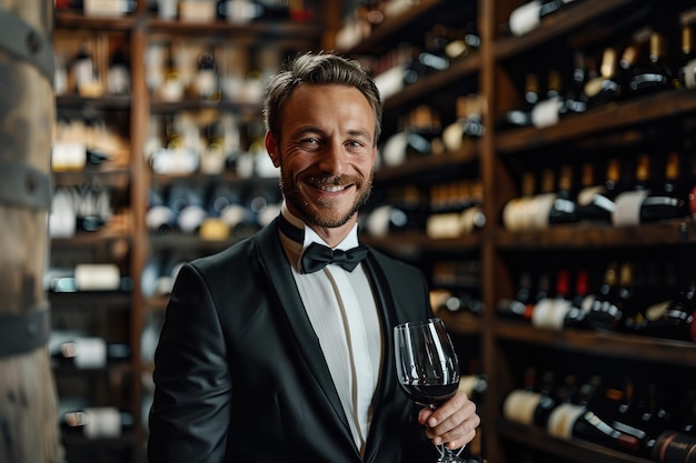 Photo un homme en smoking sourit et tient un verre de vin