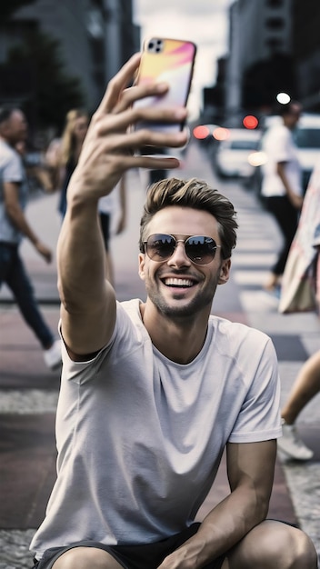 Photo un homme souriant se fait un selfie à l'extérieur.