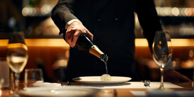 Photo un homme versant une bouteille de champagne sur une assiette