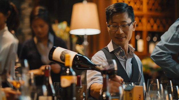 Photo un homme verse du vin pour un client dans un bar à vin