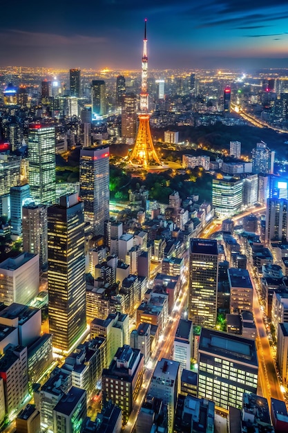 Photo un horizon de la ville avec une tour et une ville la nuit