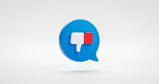 Photo l'icône bleue n'aime pas le signe social ou l'élément de conception graphique de symbole de bouton de notification isolé sur blanc contrairement à l'arrière-plan de partage avec le concept d'adeptes de la bulle de dialogue. rendu 3d.