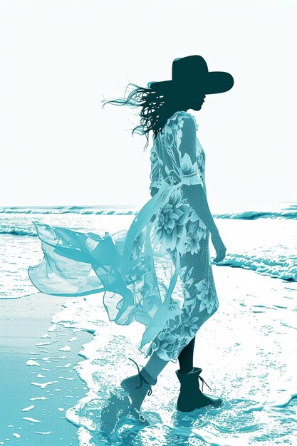 Photo il y a une femme qui se promène sur la plage avec un chapeau sur l'ai génératif