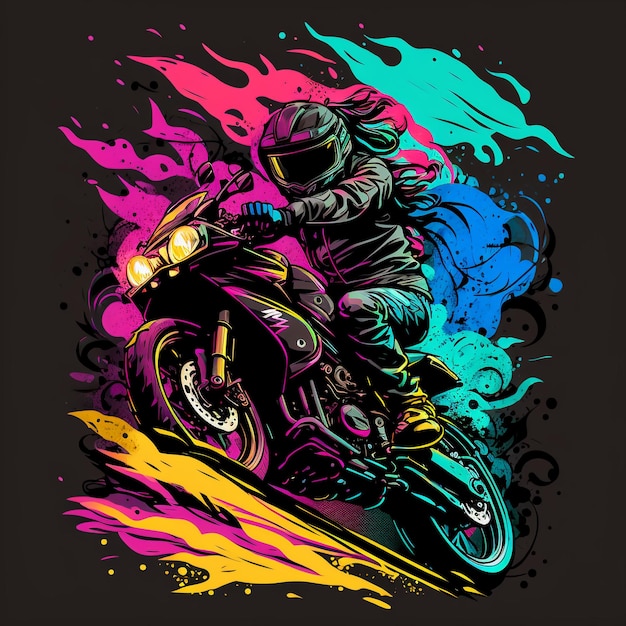 Photo une illustration colorée d'une moto avec un pilote à l'avant.