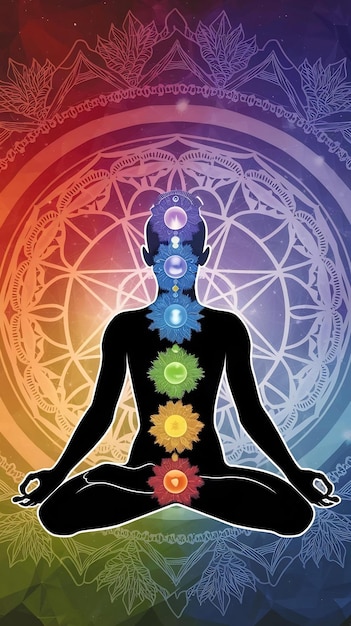 Photo illustration en couleur de la silhouette et des chakras d'une personne en pose de yoga valable comme dessin d'affiche pour